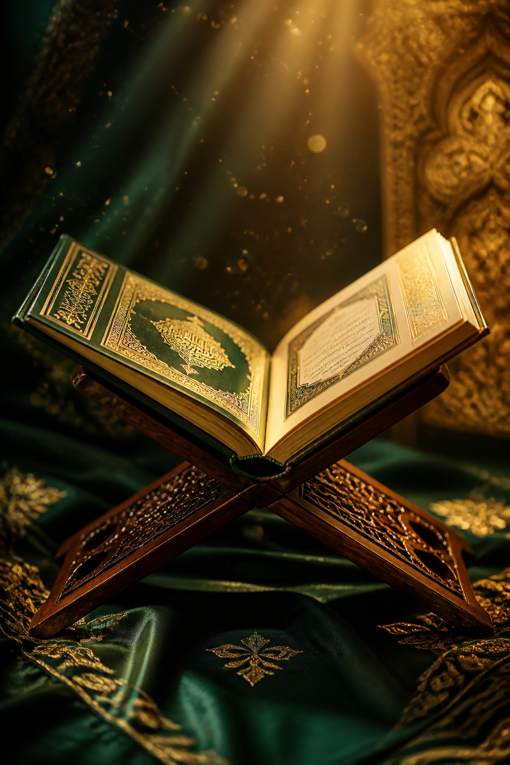An open Qur'an resting on a carved wooden rehal in golden light