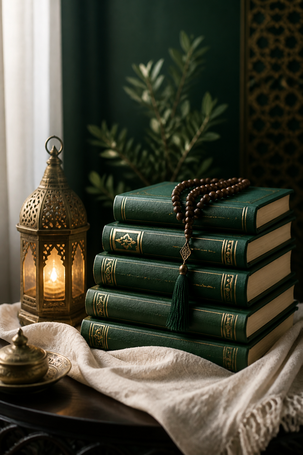 A scholar's reading corner with emerald books, tasbih beads and a glowing lantern